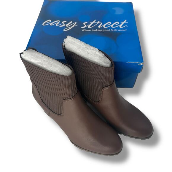 NEW Easy Street Brown Chunky Mid Calf Booties Size 9.5 Lug Ribbed Knit Heel Boot - Picture 5 of 9